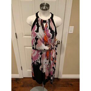T Tahari Black & Pink Splatter Print W/ Ring Neck Dress, Size Large